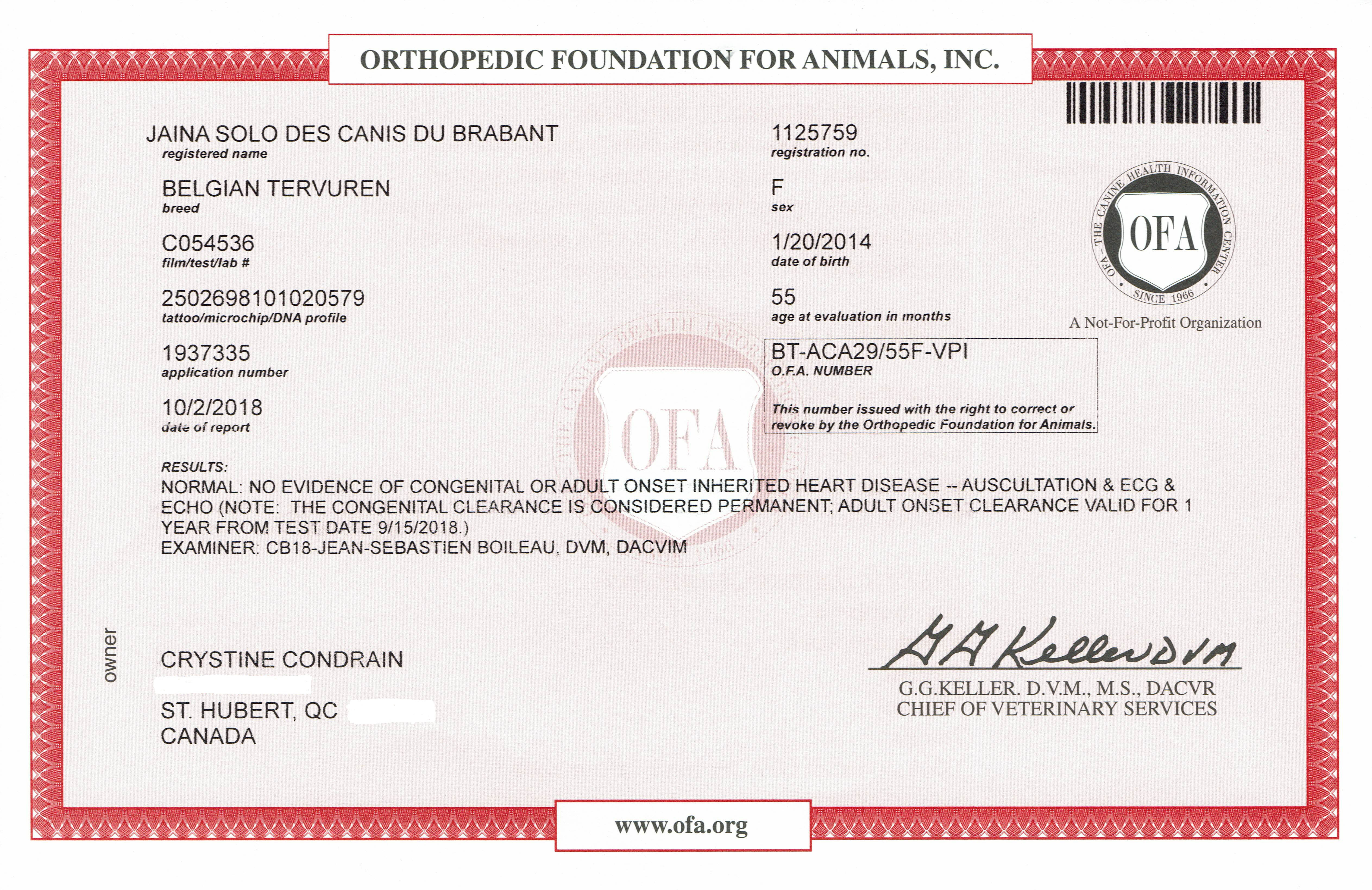 Certificate of attestation OFA that the heart is normal.